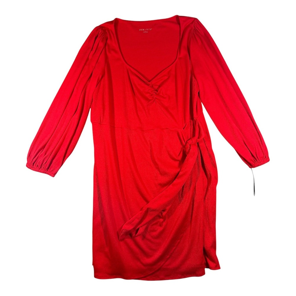Ava & Viv Wrap Dress Women 2X Red Long Sleeve V-Neck Textured Crepe M9M7P4